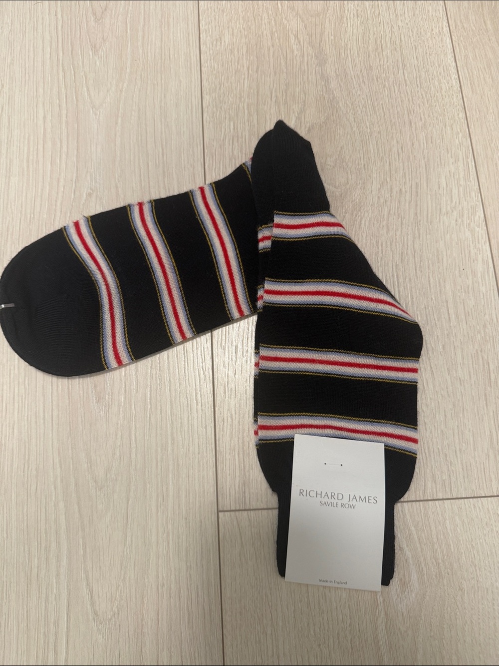 Richard James Black Socks with Red, White and Yellow Stripes